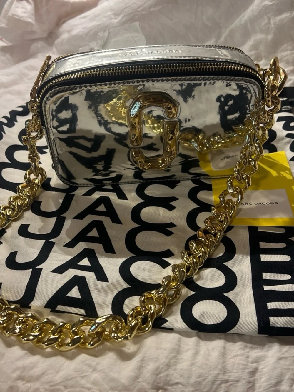 Marc Jacobs Silver Metallic Camera Crossbody with Gold Chain Accents
